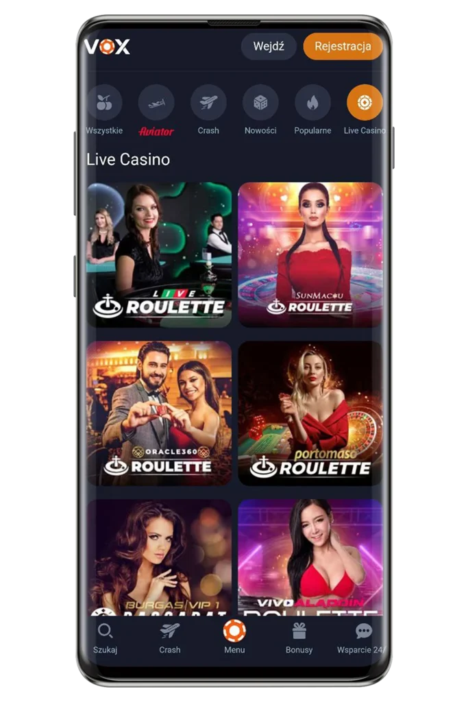 Interfejs aplikacji Vox Casino pokazujący ekran logowania i menu główne